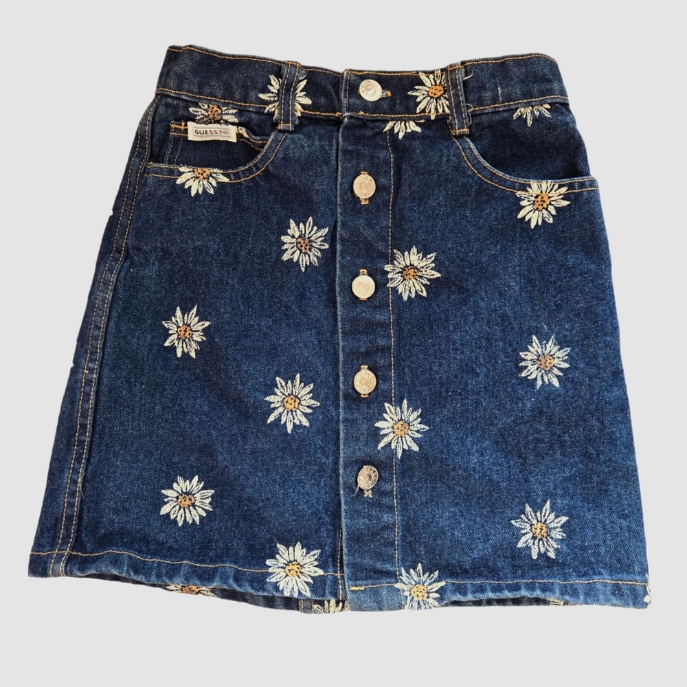 RARE Vintage 1990s Guess Jeans daisy patterned blue denim jean mini skirt